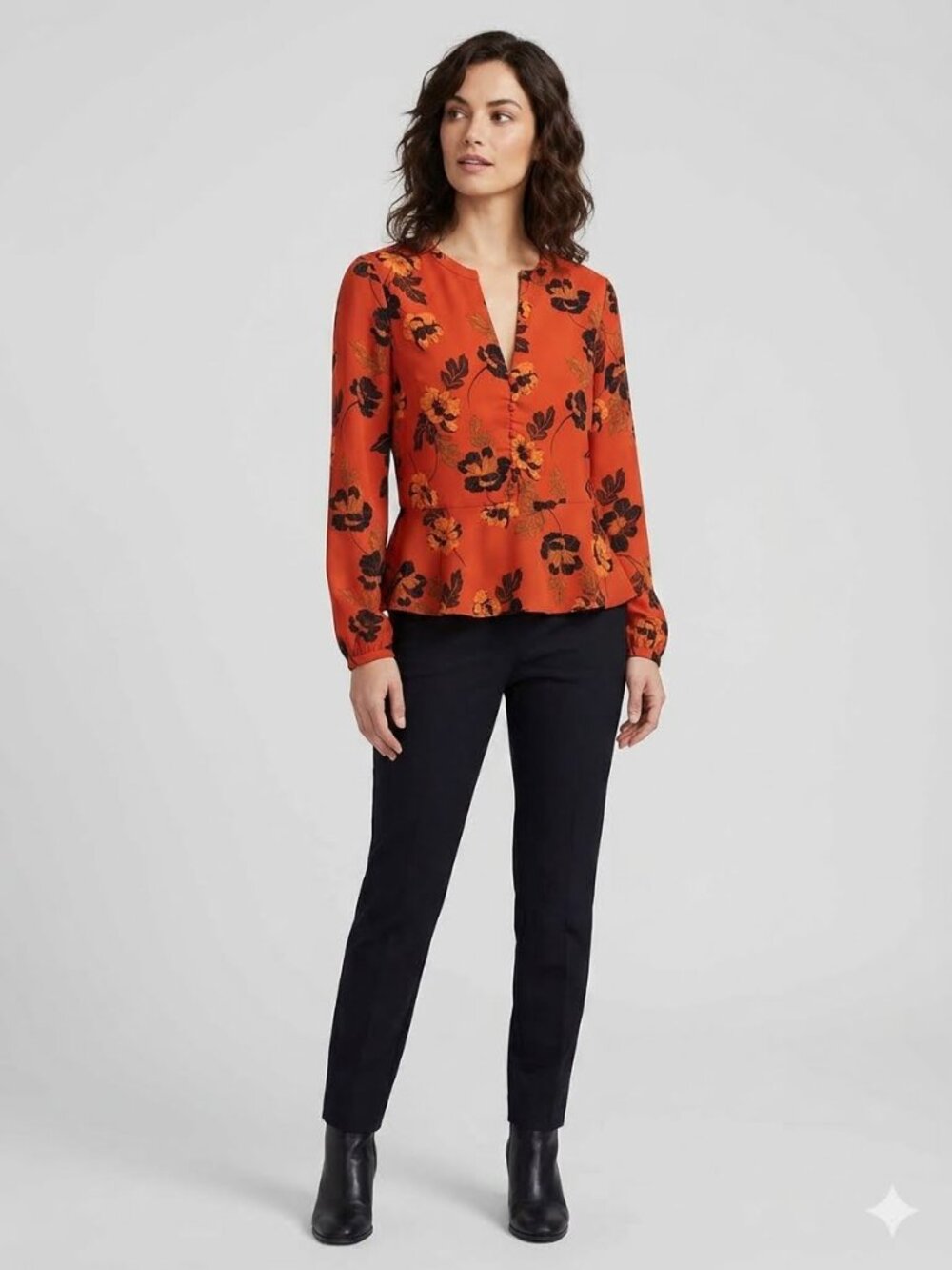 Ecru long sleeve dark orange top, size medium